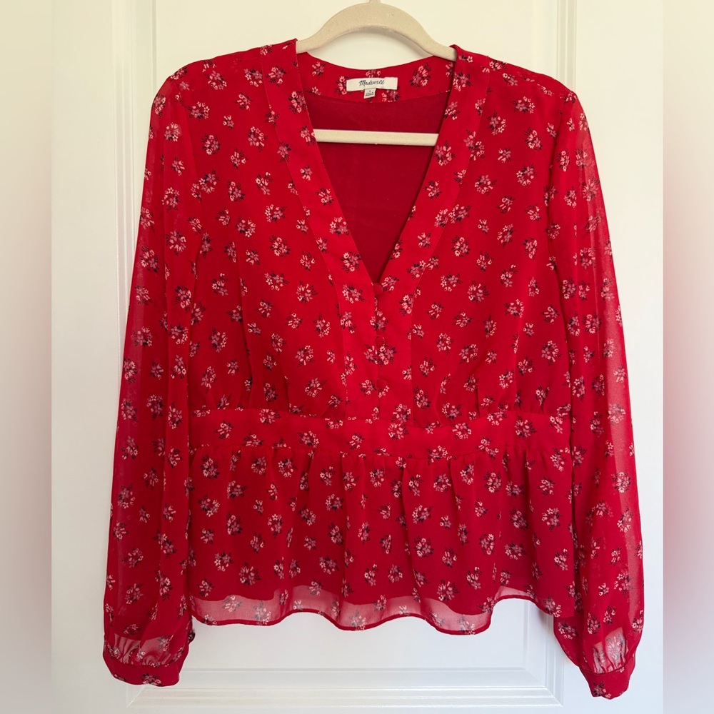 MADEWELL | Red Floral V-Neck Peplum Top  - Size L